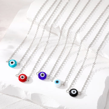Silver Tone Round Enamel Evil Eye Pendant Necklaces in Five Colors
