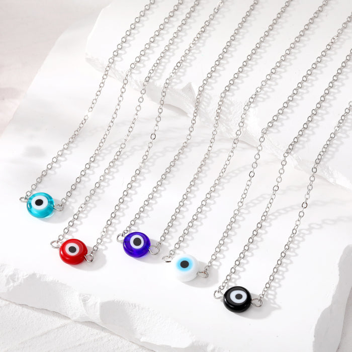 Silver Tone Round Enamel Evil Eye Pendant Necklaces in Five Colors