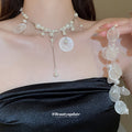 White Pearl Shell Disc Y Necklace Cascading Ear Clip view 1