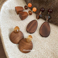 Brown Wooden Geometric Drop Stud Earrings in Three Shapes view 3