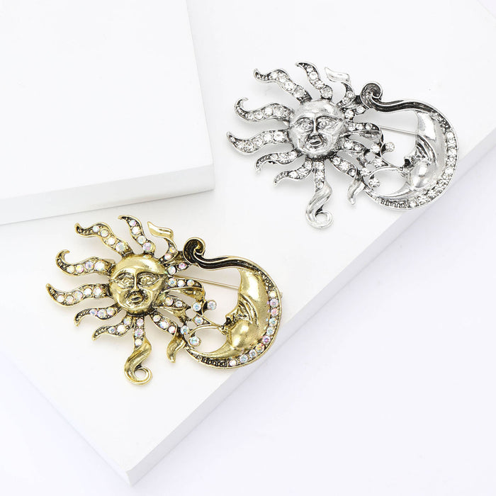 Gold Silver Tone Sun Moon Crystal Rhinestone Brooch