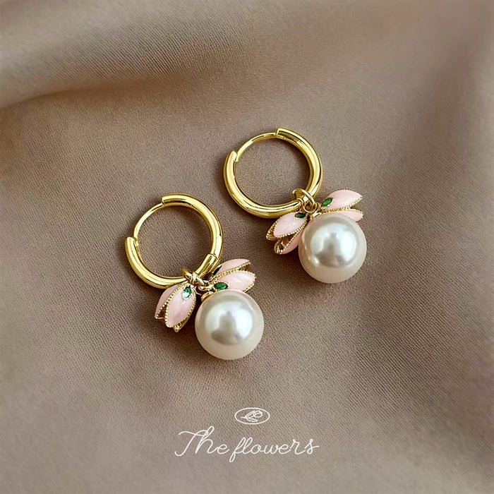 Gold Hoop Pink Tulip Charm White Glass Pearl Earrings