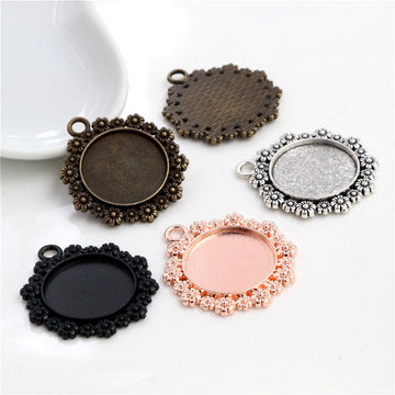 Floral Round Cabochon Pendant Setting in Two Antique Finishes