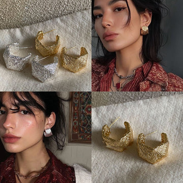 Textured Geometric C Hoop Stud Earrings in Gold and Silver
