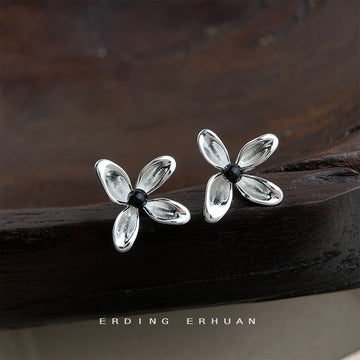 Silver Tone Clear Four Petal Flower And Black Center Stud Earrings