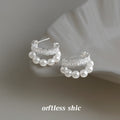 Silver Tone Pearl Row And Clear Stone Double C Hoop Earrings view 1