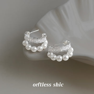 Silver Tone Pearl Row And Clear Stone Double C Hoop Earrings