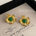 Gold Textured Flower Stud Green Cabochon Center Earrings view 4
