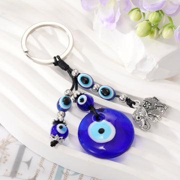Silver Tone Elephant Blue Evil Eye Beaded Split Ring Keychain