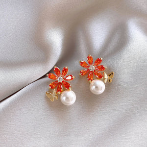 Gold-Tone Orange Crystal Flower Stud Earrings with Pearl Drop