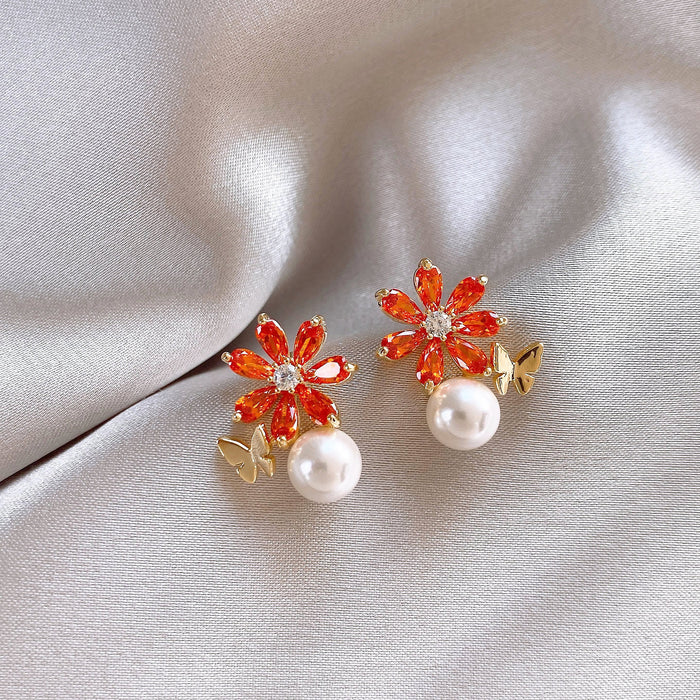 Gold Orange Crystal Flower And Pearl Stud Earrings