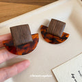 Brown Wood and Tortoiseshell Crescent Square Drop Earrings view 4