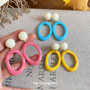 Colorful Oval Drop Earrings with Cream Round Stud Tops