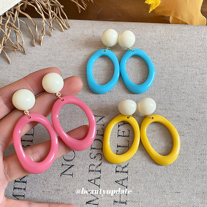 Colorful Oval Drop Earrings with Cream Round Stud Tops