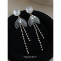 White Pearl Stud Clear Mermaid Tail Tassel Earrings view 1