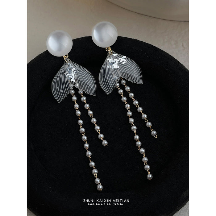 White Pearl Stud Clear Mermaid Tail Tassel Earrings