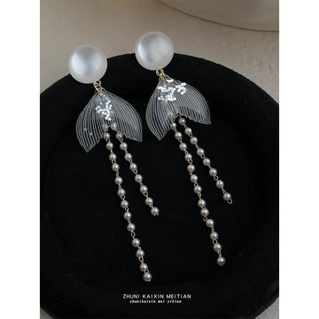 White Bead Stud Earrings with Clear Mermaid Tail Tassels