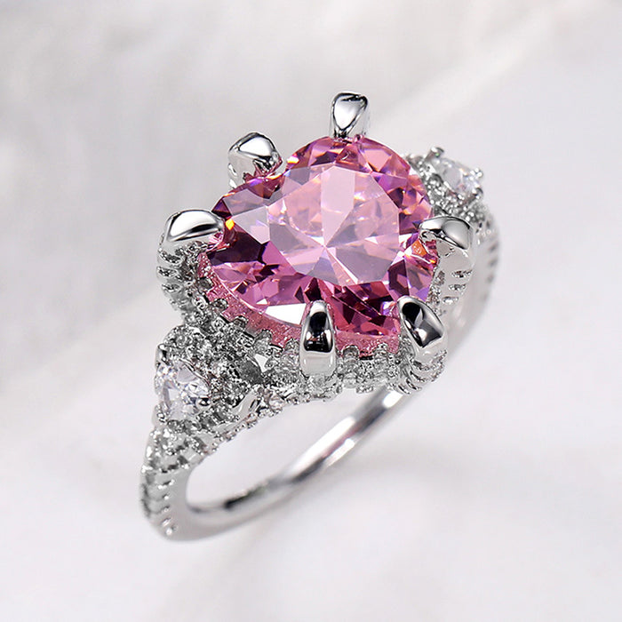 Pink Heart CZ Silver Tone Ring Clear Side Accents Sizes 6-10