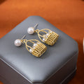 Gold and Silver Woven Basket Pearl Look Dangle Earrings view 2