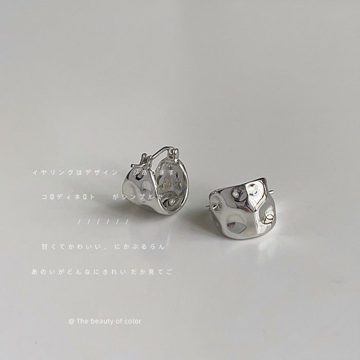 Silver Tone Irregular Concave Sculptural Huggie Hoop Earrings