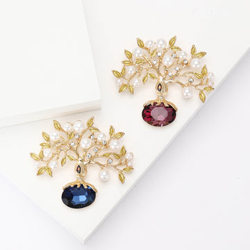 Pearl Branch Tree Brooch with Blue or Burgundy Crystal