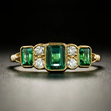 Green Rectangular And Round Five-Stone Slim Ring In Gold Tone
