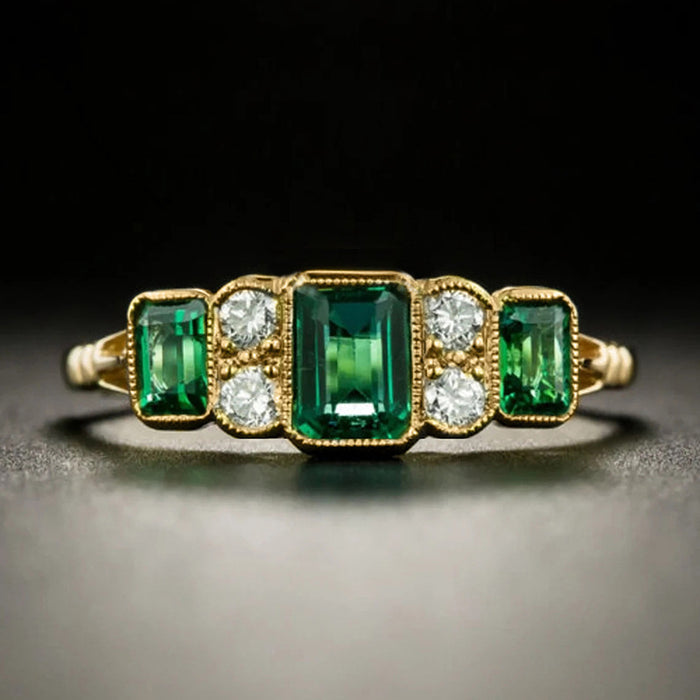 Green Rectangular And Round Five-Stone Slim Ring In Gold Tone