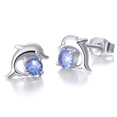 Silver dolphin blue round stone stud earrings pair front