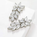Clear Leaf Cluster Long Drop Earrings in Silver Tone view 3