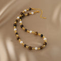 Brown and White Beaded Strand Necklace With Gold Tone Clasp view 6