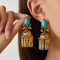 Five Color Teardrop Stone Gold Tone Bell Tassel Earrings view 2