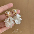 Gold Tone Square Frame Pearl Clear Leaf Cluster Drop Earrings view 1