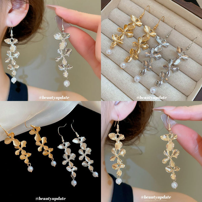 Silver Tone Floral Pearl Look Hook Earrings Fashion Jewelry for Women
