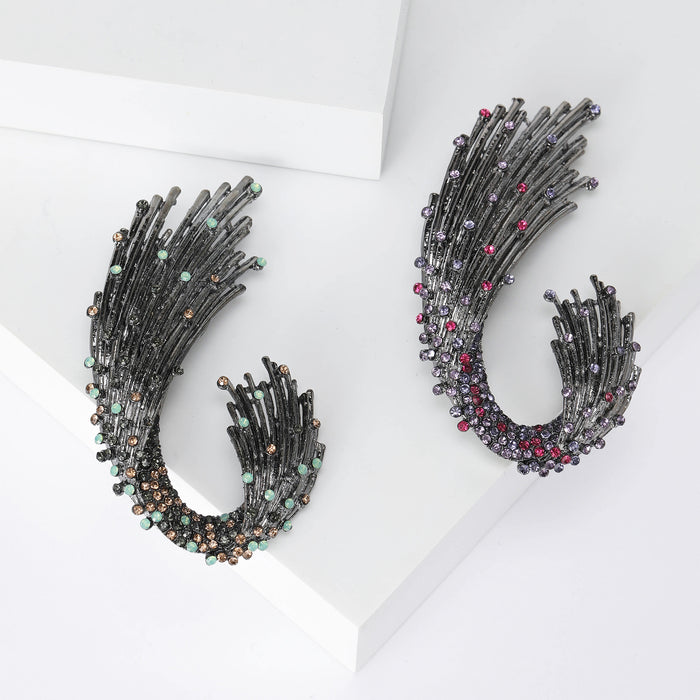 Gunmetal Rhinestone Wave Plume Brooch Purple Green Accents