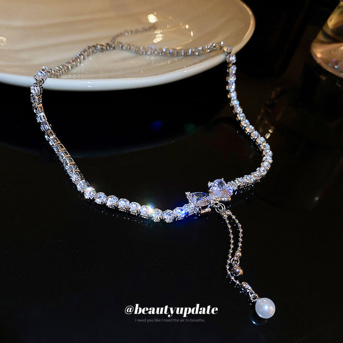 Silver Crystal Y-Tassel and Pearl Bow Choker Two Styles