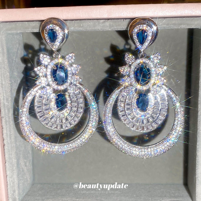 Blue Crystal Floral Circle Statement Stud Earrings