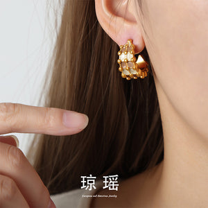 Patchwork Enamel C Hoop Earrings Gold and Steel Tone