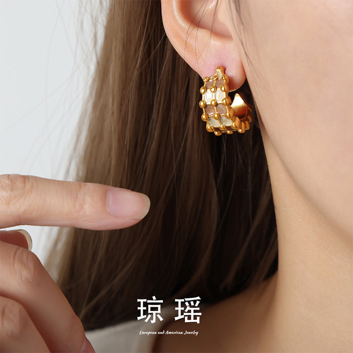 Patchwork Enamel C Hoop Earrings Gold and Steel Tone
