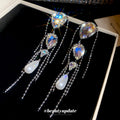 Iridescent Crystal Teardrop Pearl and Chain Tassel Earrings view 3