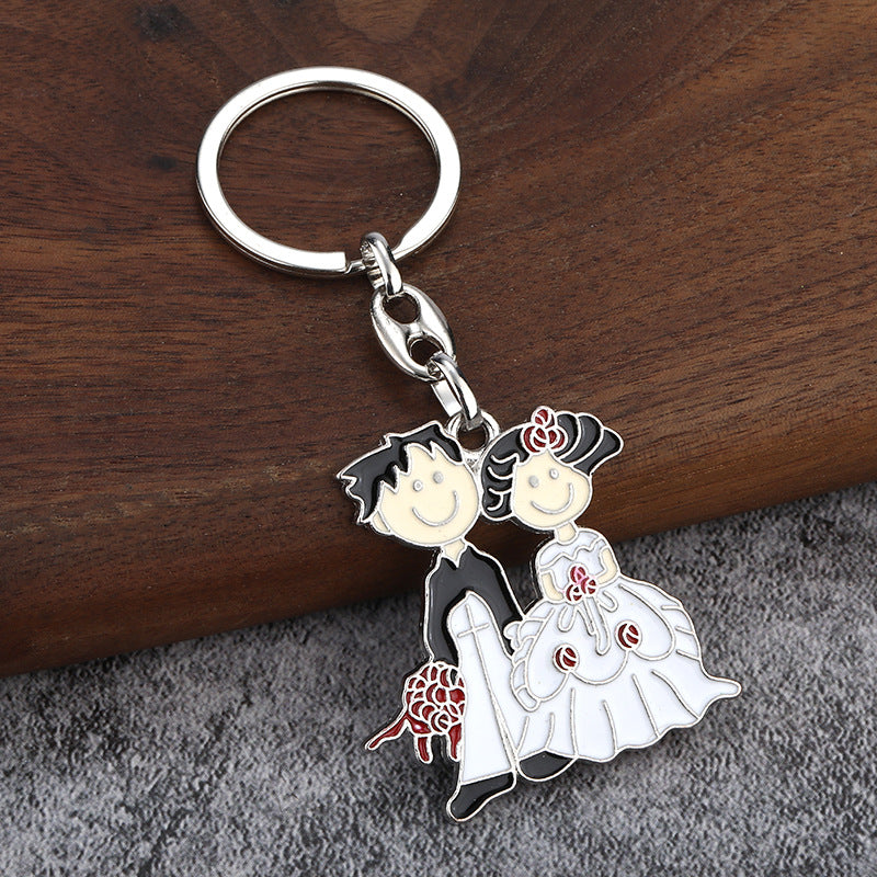 Bride and Groom Enamel Keychain, Cute Couple Metal Bag Charm
