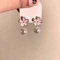 Pink Flower Pearl Drop Silver Tone Dangle Stud Earrings view 3