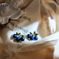Blue Berry Cluster Stud Earrings Green Leaf Accents view 4