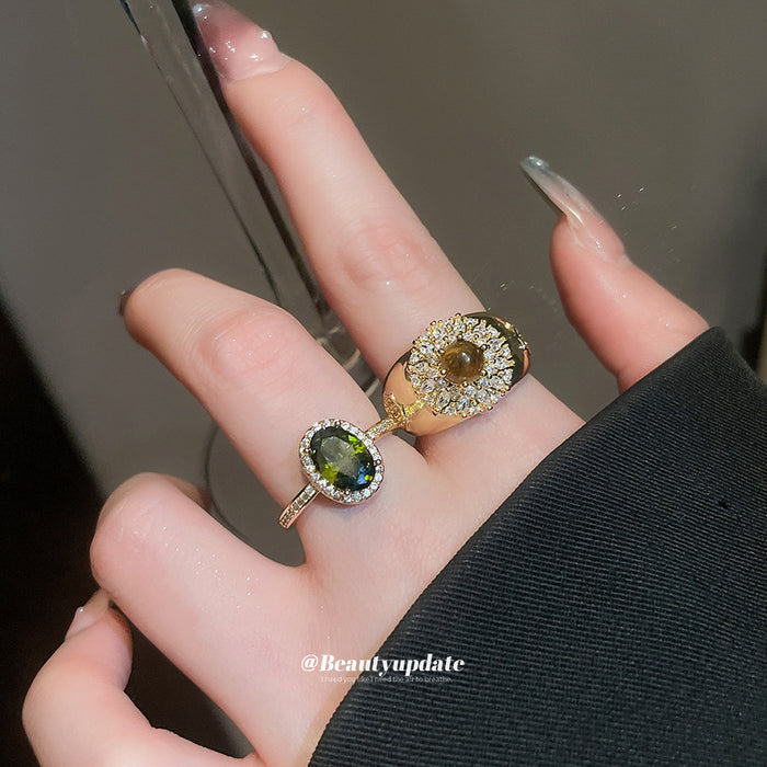 Gold Open Ring Dark Green Oval Crystal Halo Slim Band