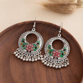 Green and Blue Floral Open Circle Ball Fringe Earrings view 3