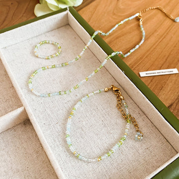 Blue Green Seed Bead Necklace Bracelet Ring Three-Piece Set