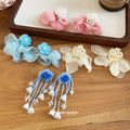 Fabric Flower Cascade Stud Earrings in Three Colors view 3