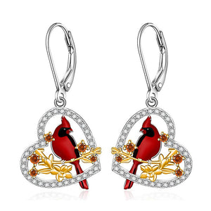 Red Bird Heart Drop Earrings in Silver Tone Polished Metal Earrings
