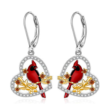 Red Bird Heart Drop Earrings in Silver Tone Polished Metal Earrings