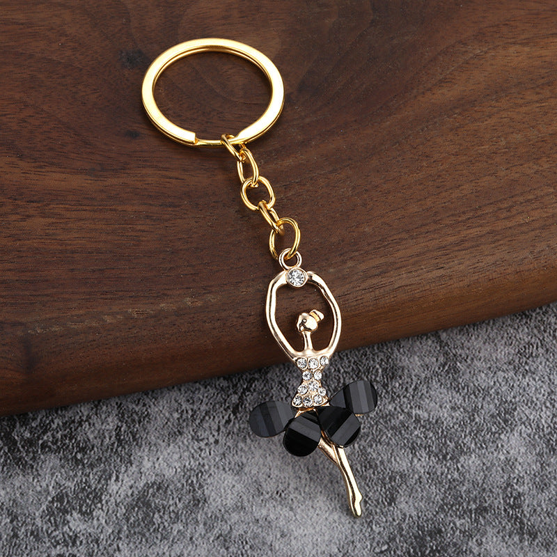Crystal Ballet Girl Alloy Keychain with Pom Pom Pendant