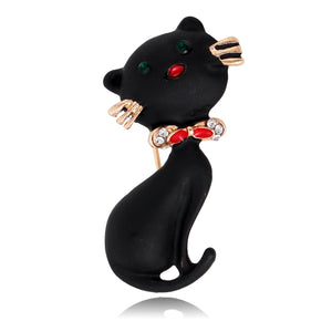 Black Enamel Sitting Cat Brooch Pin with Red Bow and Pin Back